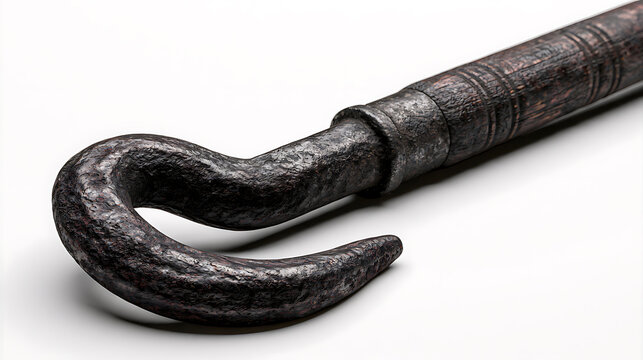 Black handled metal hook tool rests on a white surface close up