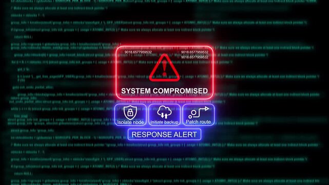 System compromised cyber security alert interface with digital code background, hacking data breach, network security