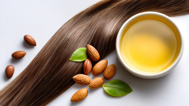 Dark brown hair rests beside amber Moroccan argan oil in a bowl with argan seeds, all on a white surface, suggesting a hair care theme
