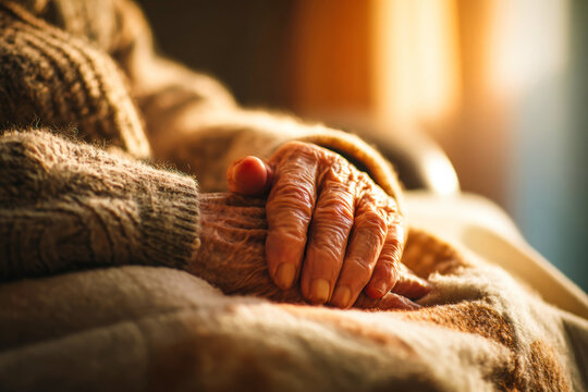 Close-up of an elderly woman's hands on her lap while sitting in a living room with warm light streaming through the window. A blanket covers her legs