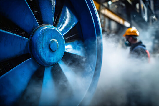 In a factory, workers operate large blue machinery surrounded by steam during a production day. The setting is industrial and active