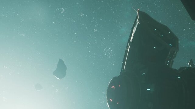 A spaceship moves through outer space, close to several floating asteroids. The sun shines brightly, creating dramatic lighting around the scene. Stars are visible in the background.