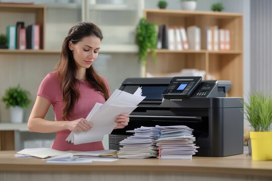Secretary sorting papers against the background of printer in office desk