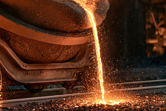Molten metal pours from a furnace in a factory. Sparks fly as the liquid metal moves to be shaped. The scene shows industrial activity and heat