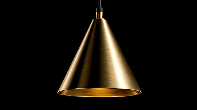 Brass cone pendant light fixture hangs against a dark background