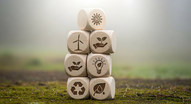 Colorful wooden dice with smiley faces on grass