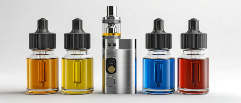 A vaping device sits next to four e-liquid bottles in different colors. The setup shows a typical scene for vaping, commonly found in shops