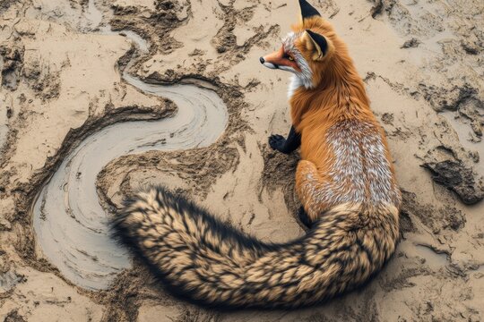A giant fox with a tail that looks like a river flowing in a sunny forest