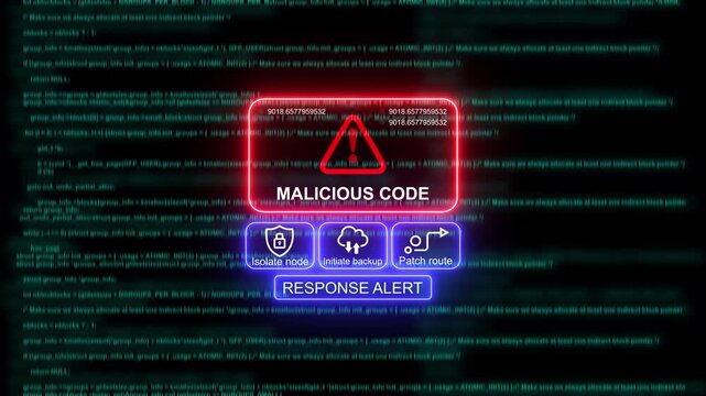 Malicious code cyber security alert interface with digital threat warning and network defense protocol hud