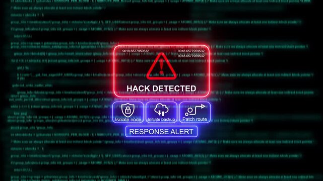 Cyber security hack detected alert ui with digital code background, and emergency response, options data breach
