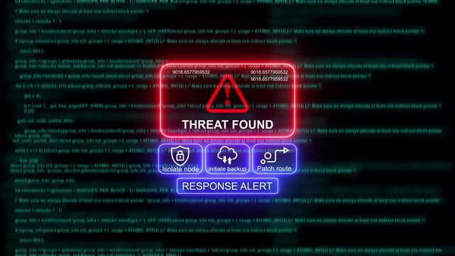 Cyber security threat found alert interface with digital code background, and network protection options