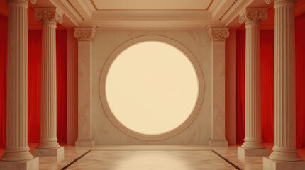 Naklejka premium Classical civic interior with red columns and glowing circular wall