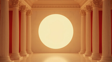 Naklejka premium Classical column interior with glowing sun disk and warm architectural symmetry