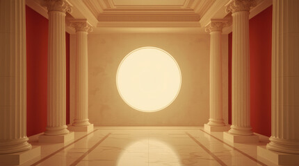 Naklejka premium Classical column hall with glowing circular window creates tranquil heritage interior