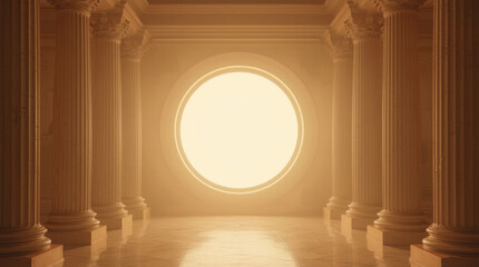 Naklejka premium Classical column hall with glowing circular window creates warm grandeur and symmetry