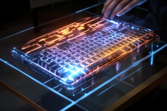 A glowing holographic keyboard projected on a glass table with a person typing