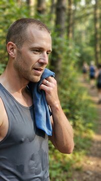 Athlete finds serene respite in the verdant woods wiping away beads of perspiration after an intense session of endurance and trail running