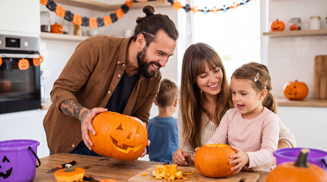 Family carving pumpkins together in a bright kitchen decorated for Halloween with festive ornaments and colorful decorations visible