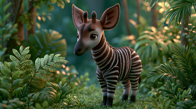 Cartoon okapi stands amidst dense foliage in a vibrant jungle scene