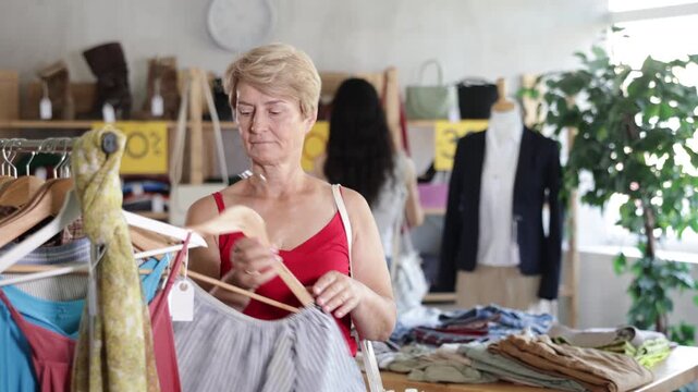 Joyful mature woman stands near a rail with hangers, she chooses clothes against the background of a female customer. Pensioner shopping in a European clothing store on discount days . High quality 4k