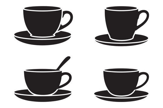 Black silhouette collection of tea and coffee cups with saucers for cafes.