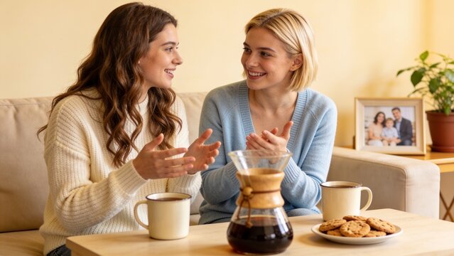 Pretty young female friends chatting over coffee on beige sofa, enjoying a cozy and intimate conversation in home interior.