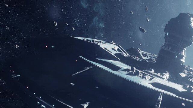 A spaceship moves slowly through an asteroid field filled with rocks in dark space. The scene shows distant stars and bright lights on the ship.