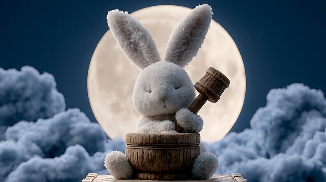 White rabbit with pestle inside wooden mortar illuminated by full moon