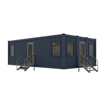 Modern dark-blue modular office cabin featuring corrugated metal walls, two doors with stairs, and windows on a white background concept of modular workspace