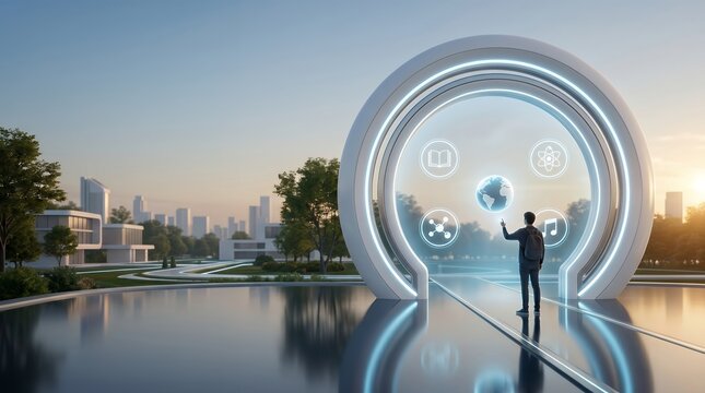 Futuristic Metaverse Portal Gateway with Glowing Neon Lights and Digital Information Icons
