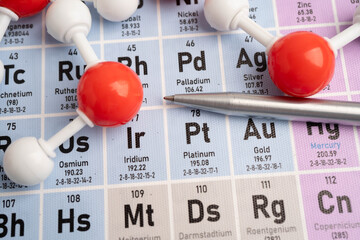 Molecules chemical on a periodic table background. © manassanant