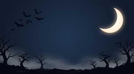 Fototapeta premium Spooky night landscape with crescent moon and flying bats in dark sky