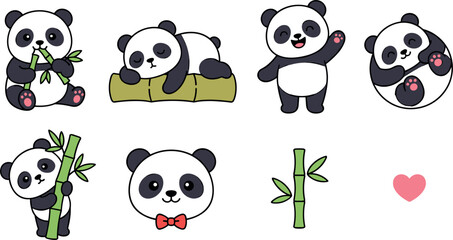 Obraz premium Cute Panda Bear Vector Icon Set Featuring Kawaii Cartoon Pandas Eating Bamboo Sleeping Waving and Rolling for Kids Stickers and Nursery Designs