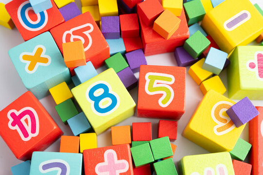 Number wood block cubes for learning Mathematic, education math.