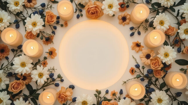 Elegant memorial template with candles and flowers creates peaceful tribute setting