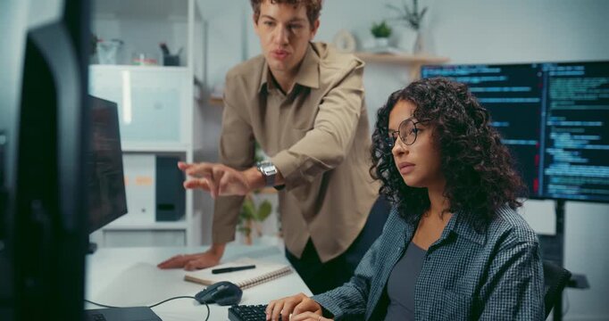 Diverse team software developer discuss AI coding and project strategy at office. Creative startup group brainstorming, Mentor code review training, Digital communication innovation strategy concept.