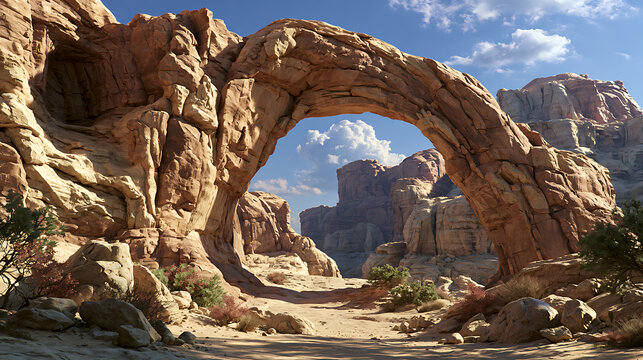 Natural sandstone arch frames a desert landscape under a blue sky