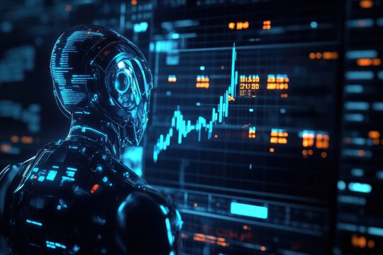 A financial artificial intelligence interface forecasting stock trends with data charts