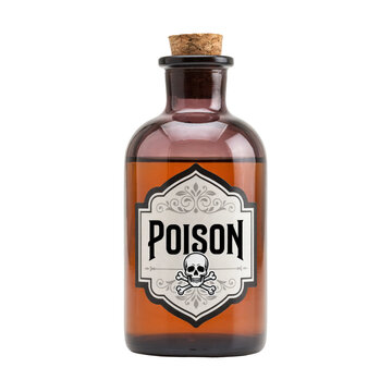 Amber glass apothecary bottle with a poison label featuring a skull and crossbones symbol isolated on a transparent background