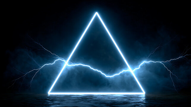 Illuminated triangular frame with electric lightning bolts against a dark background