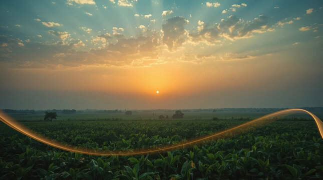 Sunrise over green crop field with glowing curved light trail and peaceful rural horizon