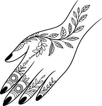Beautiful hand with henna tattoo design featuring floral and leaf patterns for traditional indian body art style