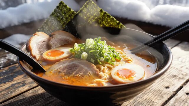 Bowl of spicy ramen with chashu pork, soft-boiled eggs, scallions, and nori seaweed. Visible steam rising outdoors on a rustic wooden table with snow in the background.