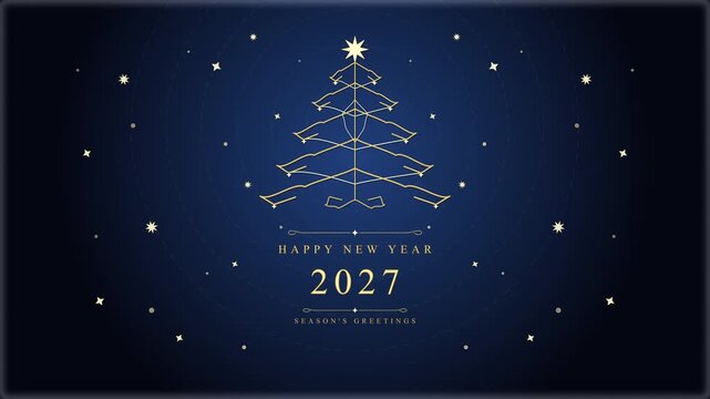 Looping 3d New Year animation with golden Christmas tree pattern and year text on dark blue background
