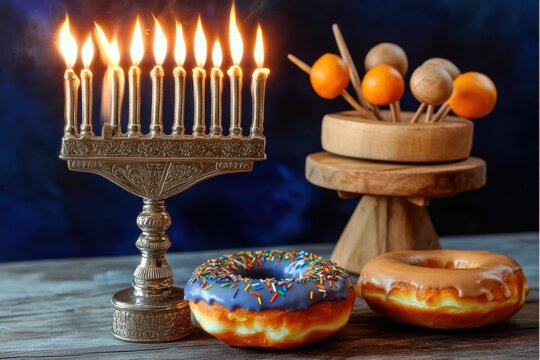 Hanukkah menorah with glowing candles lit against a color background for traditional holiday celebration