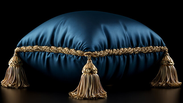 Deep blue satin pillow with gold rope trim and tassels on black background