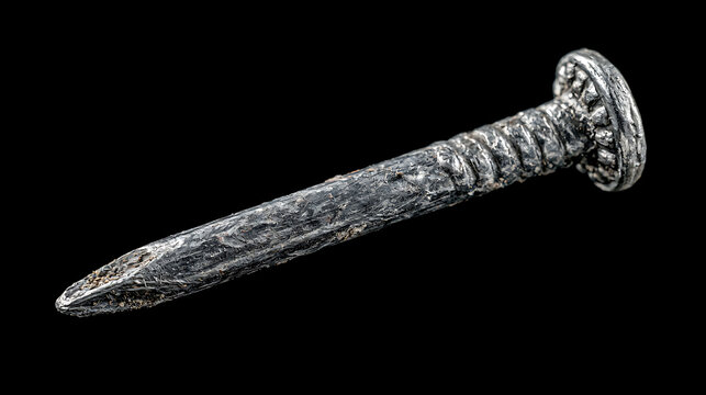 A weathered metal nail is isolated against a black background