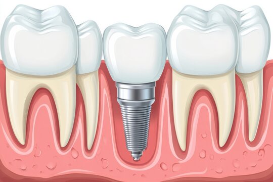 Dental implant inside medical human jaw model with healthy white teeth view