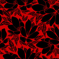 asymmetric seamless floral black contour pattern on a red background, design, background © Yuliia