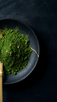 premium ceremonial matcha with extreme macro close-up portrait orientation